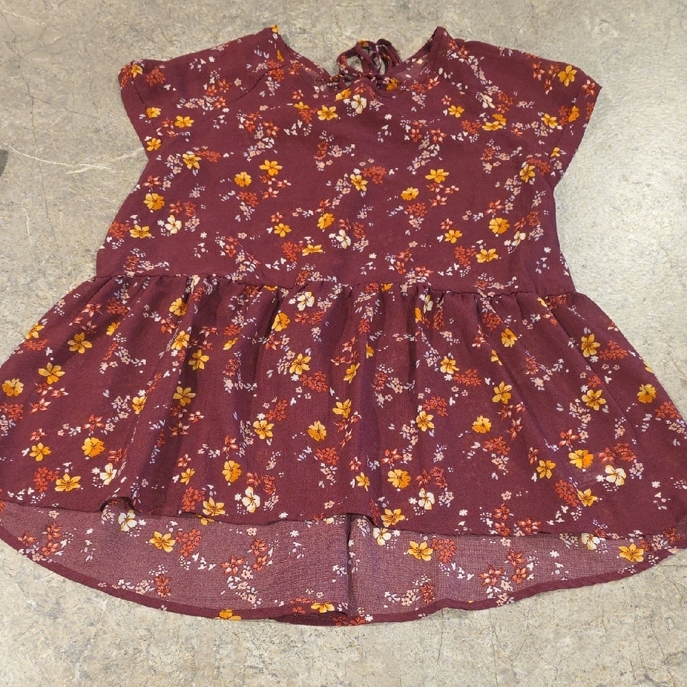 (J43) Xhilaration Floral Blouse in Burgundy and Yellow